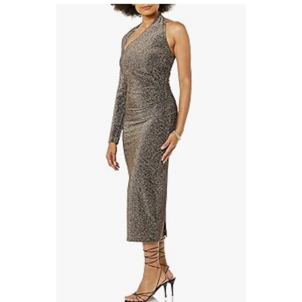 NEW TEREA Gold Nola One Shoulder Metallic Midi Dress XS